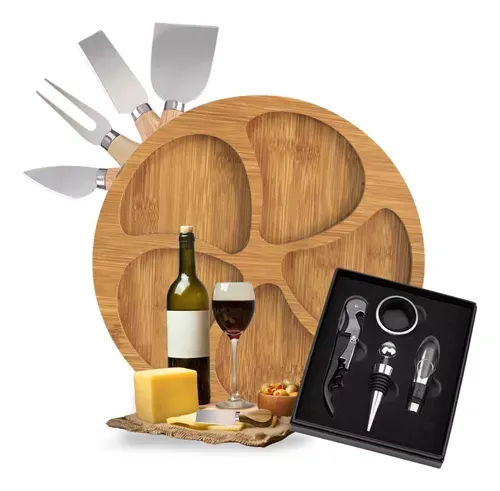 Kit Vinho 4 Peas + 4 Facas P Queijo + Petisqueira  Presente